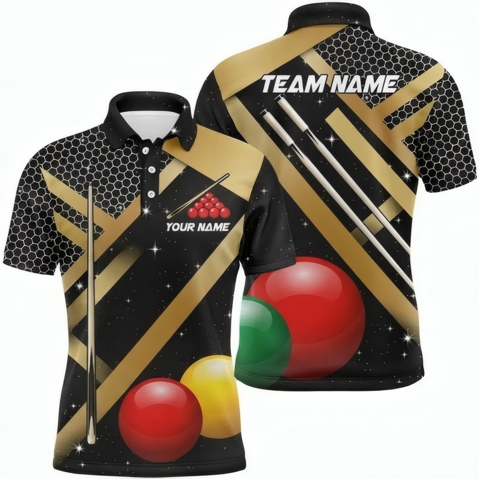 Personalised Snooker Jersey Polo and Zipper for Men Custom Name Black Gold Geometric Honeycomb Design T8490 - Polo Women (Slim fit)