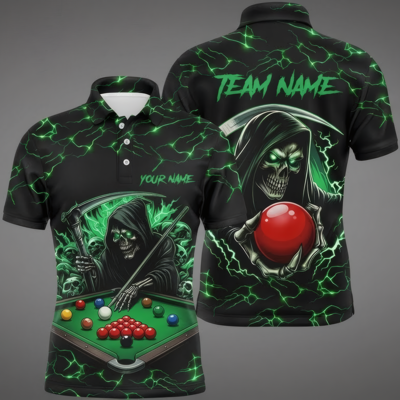 Personalised Grim Reaper Snooker Jersey Polo and Zipper Black Green For Men O9498 - Polo Women (Slim fit)