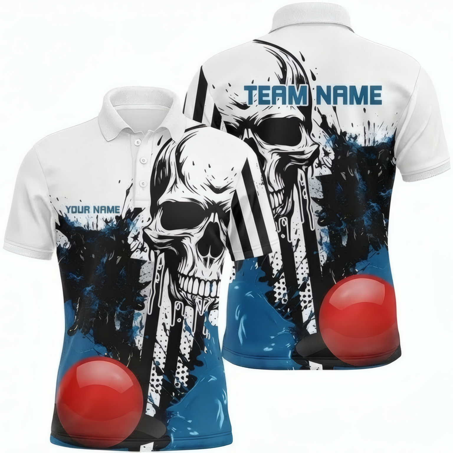 Personalised Skull Snooker Jersey Polo and Zipper White Blue Black For Men K8749 - Polo Women (Slim fit)