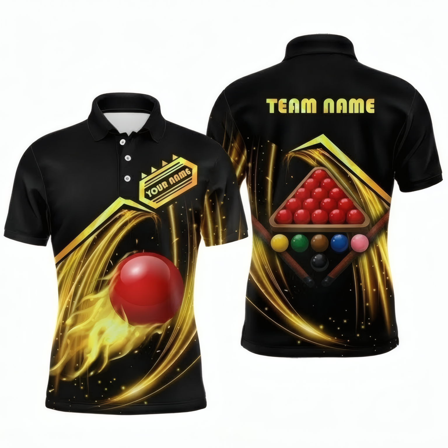 Personalised Flaming Ball Snooker Jersey Polo and Zipper Shirt Black Gold For Men S9754 - Polo Women (Slim fit)