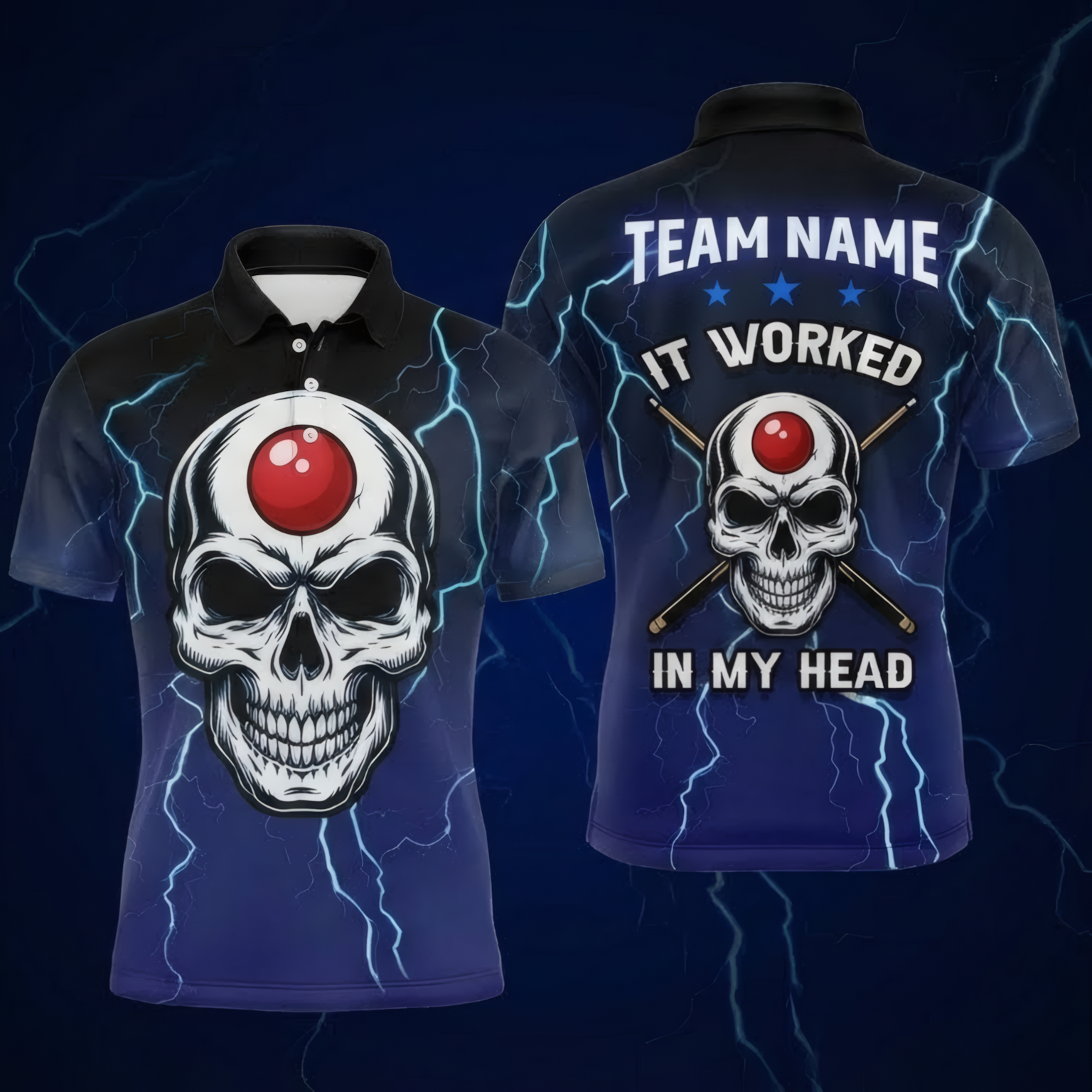 Personalised Lightning Skull Snooker Jersey Polo and Zipper Shirt Navy Blue Black For Men D9494 - Polo Women (Slim fit)