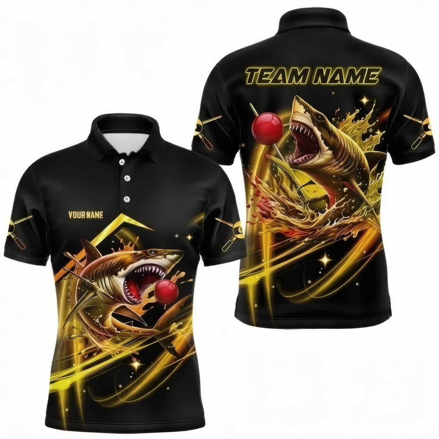 Personalised Shark Snooker Jersey Polo and Zipper Black Gold For Men G8319 - Polo Women (Slim fit)