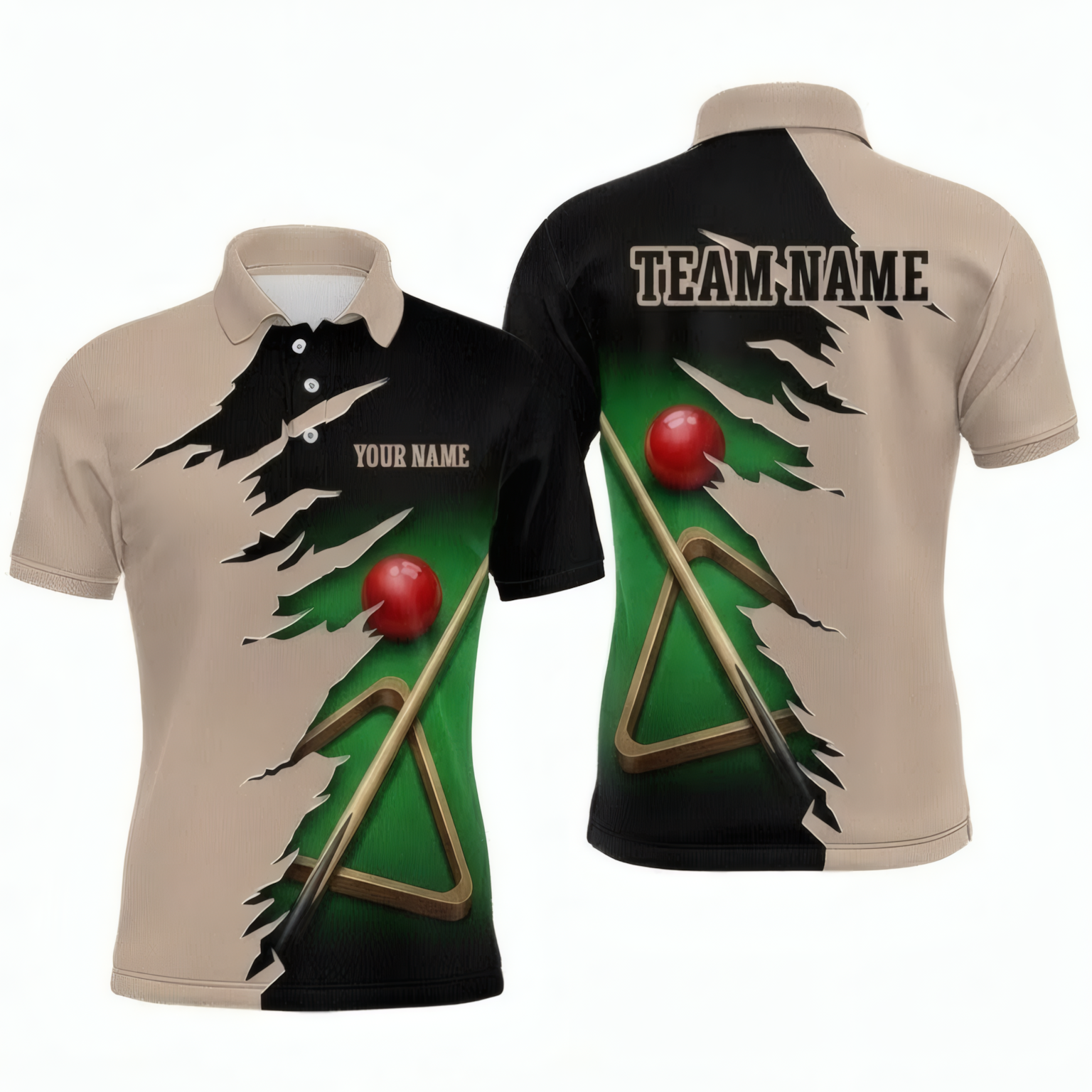 Personalised Torn Effect Snooker Jersey Polo and Zipper Beige Black For Men V2877 - Polo Women (Slim fit)