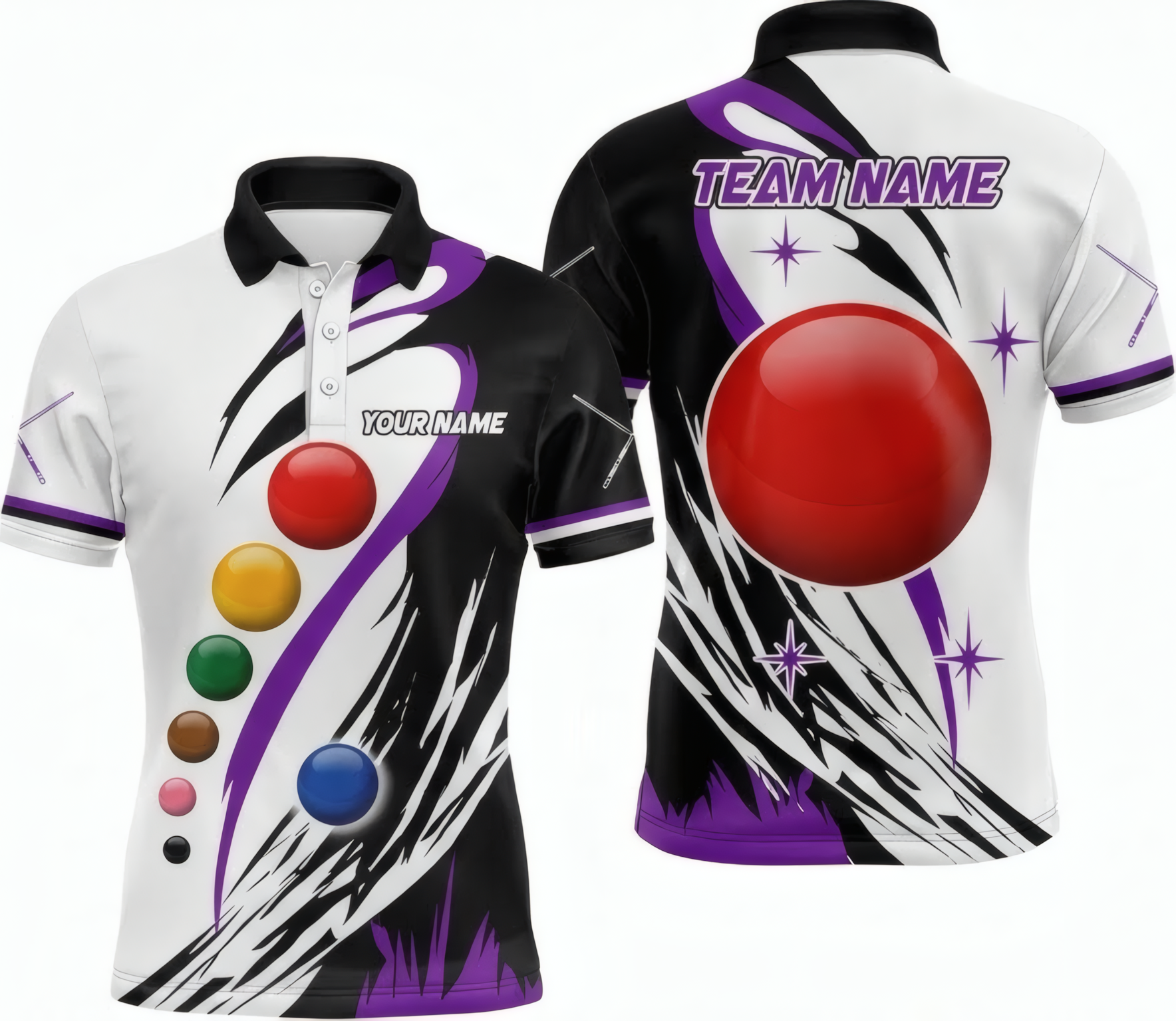 Personalised Snooker Ball Graphic Jersey Polo and Zipper Black Purple White For Men N1843 - Polo Women (Slim fit)