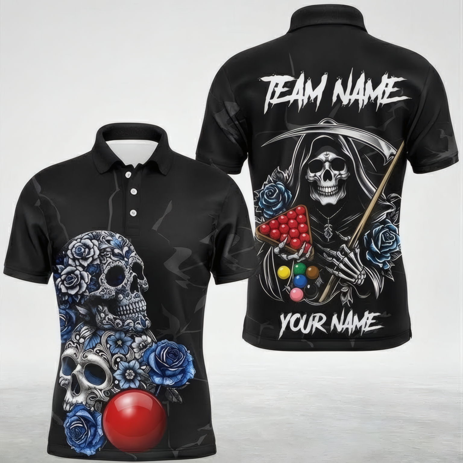 Personalised Grim Reaper Snooker Jersey Polo and Zipper Skull Blue Rose Black For Men N4171 - Polo Women (Slim fit)