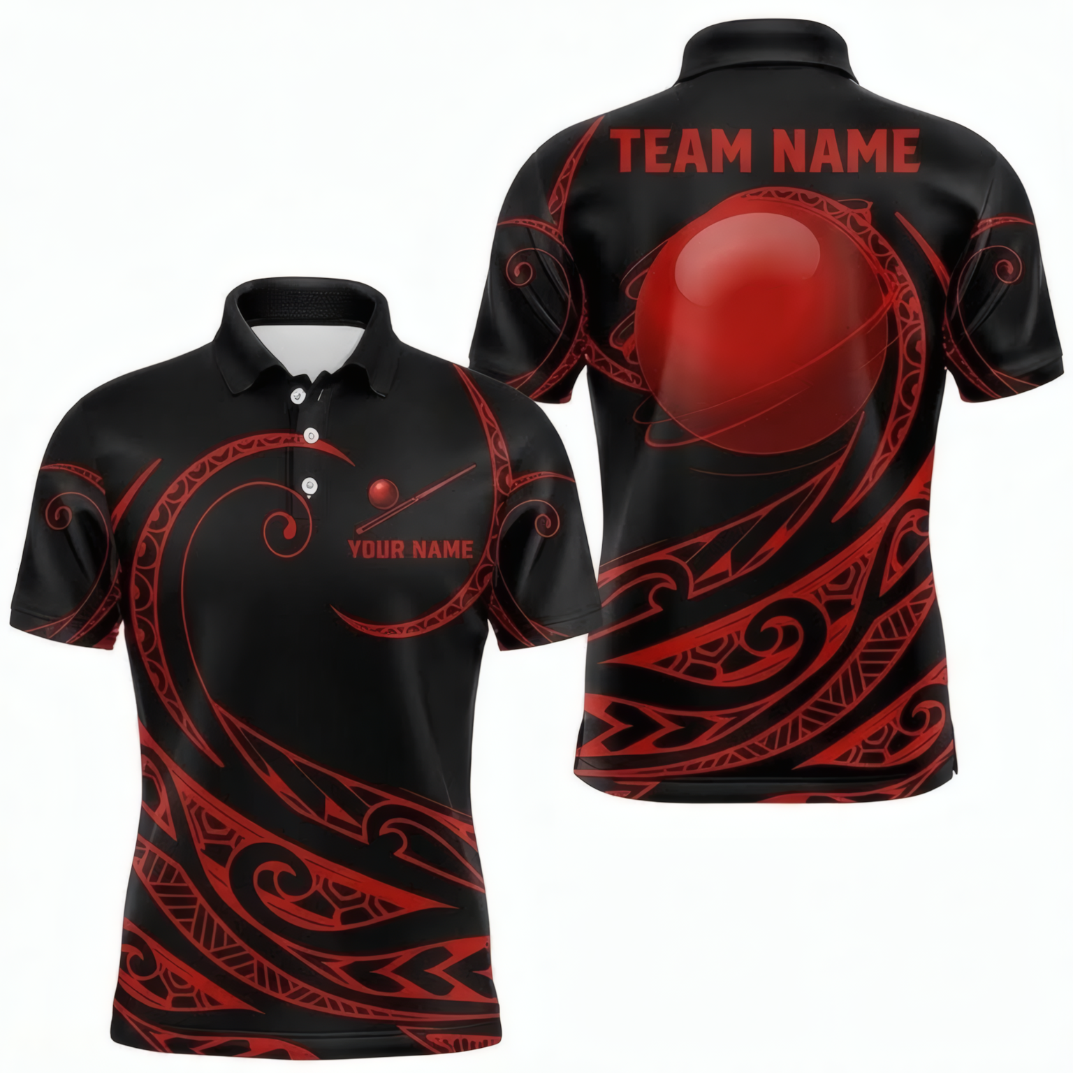 Personalised Tribal Swirl Snooker Jersey Polo and Zipper Shirt Red Ball Black Red For Men Y6309 - Polo Women (Slim fit)