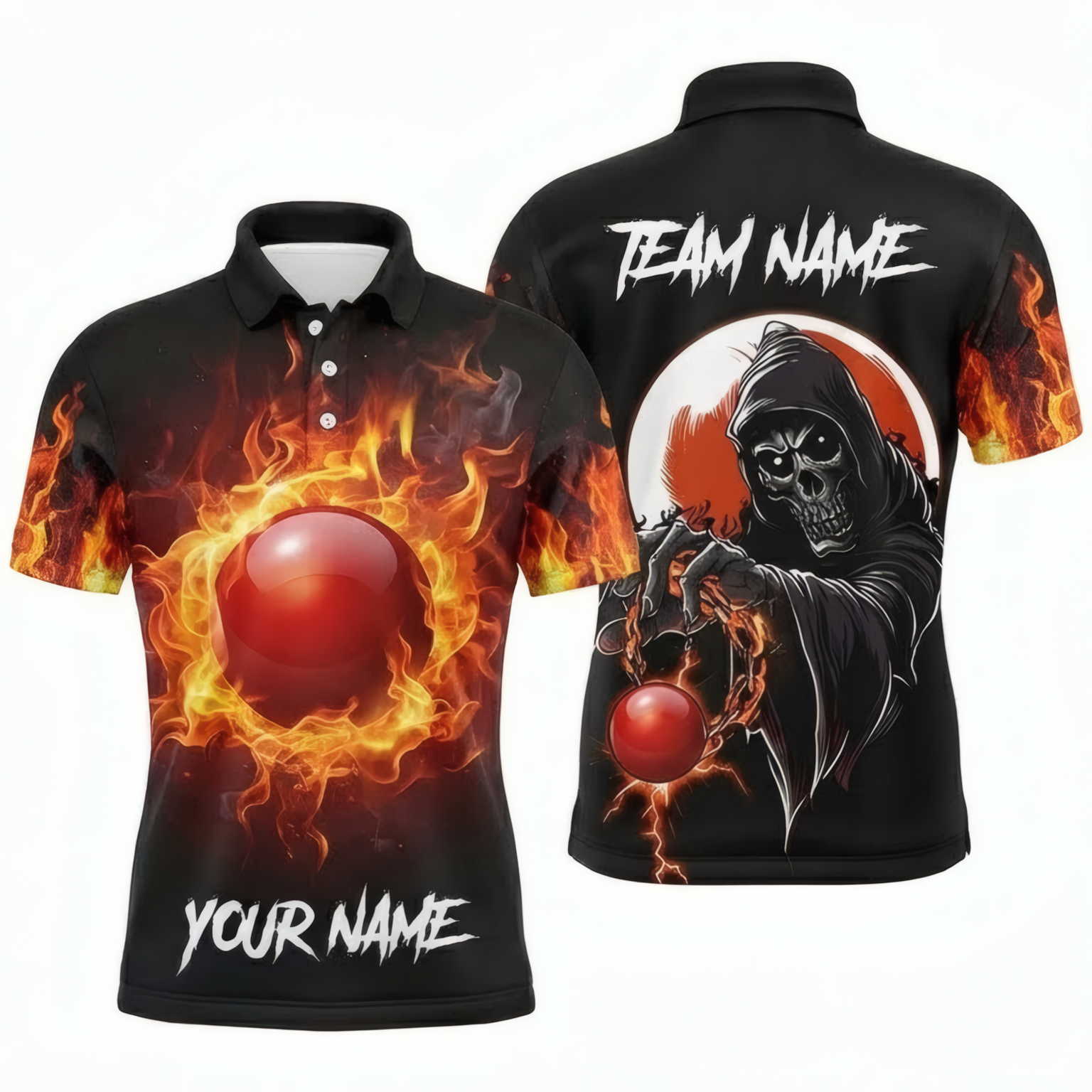 Personalised Grim Reaper Snooker Jersey Fire Flame Custom Polo and Zipper Shirt for Men Black Red U2465 - Polo Women (Slim fit)