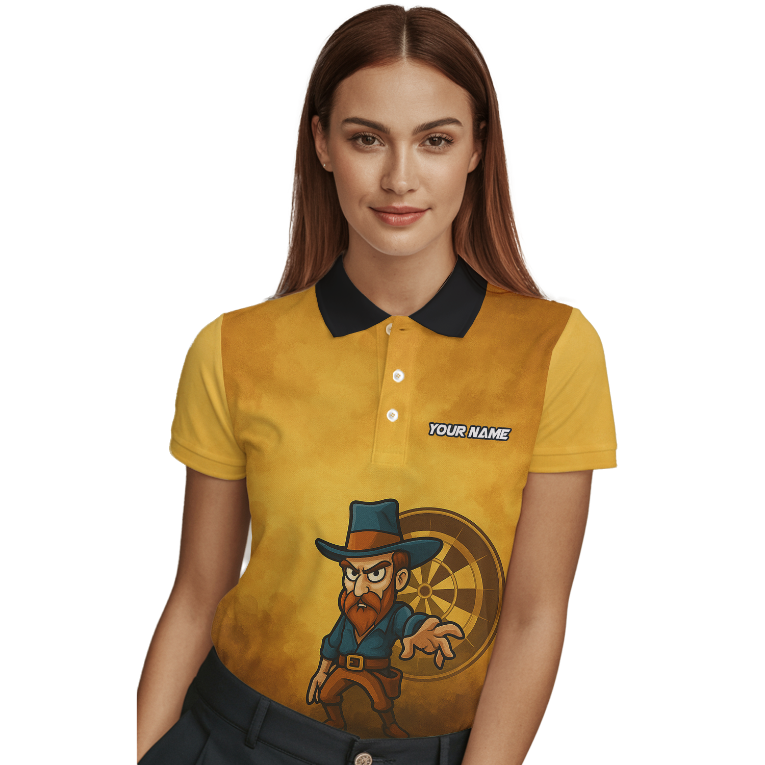 Personalized Cowboy Wild West Dart Jersey Custom Name Team Polo Brown Yellow For Women Z4073 additional image 3