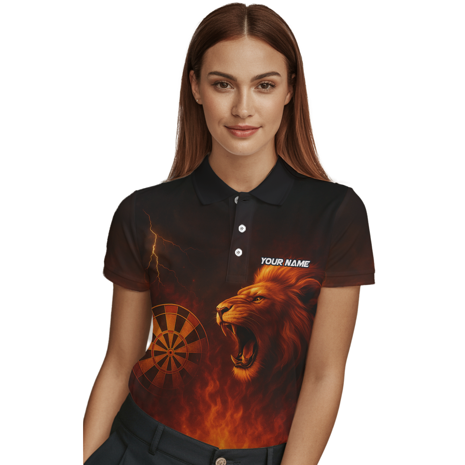 Custom Personalized Roaring Lion Fire Darts Polo Shirt Black Orange For Women T4859 additional image 3