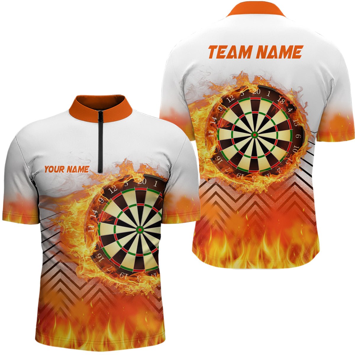 Weißes Orange Feuer Flamme Herren Darts Polo Shirt | Personalisiertes Darts Shirt für Männer | Dart Trikots L1459 - Outfitsuche