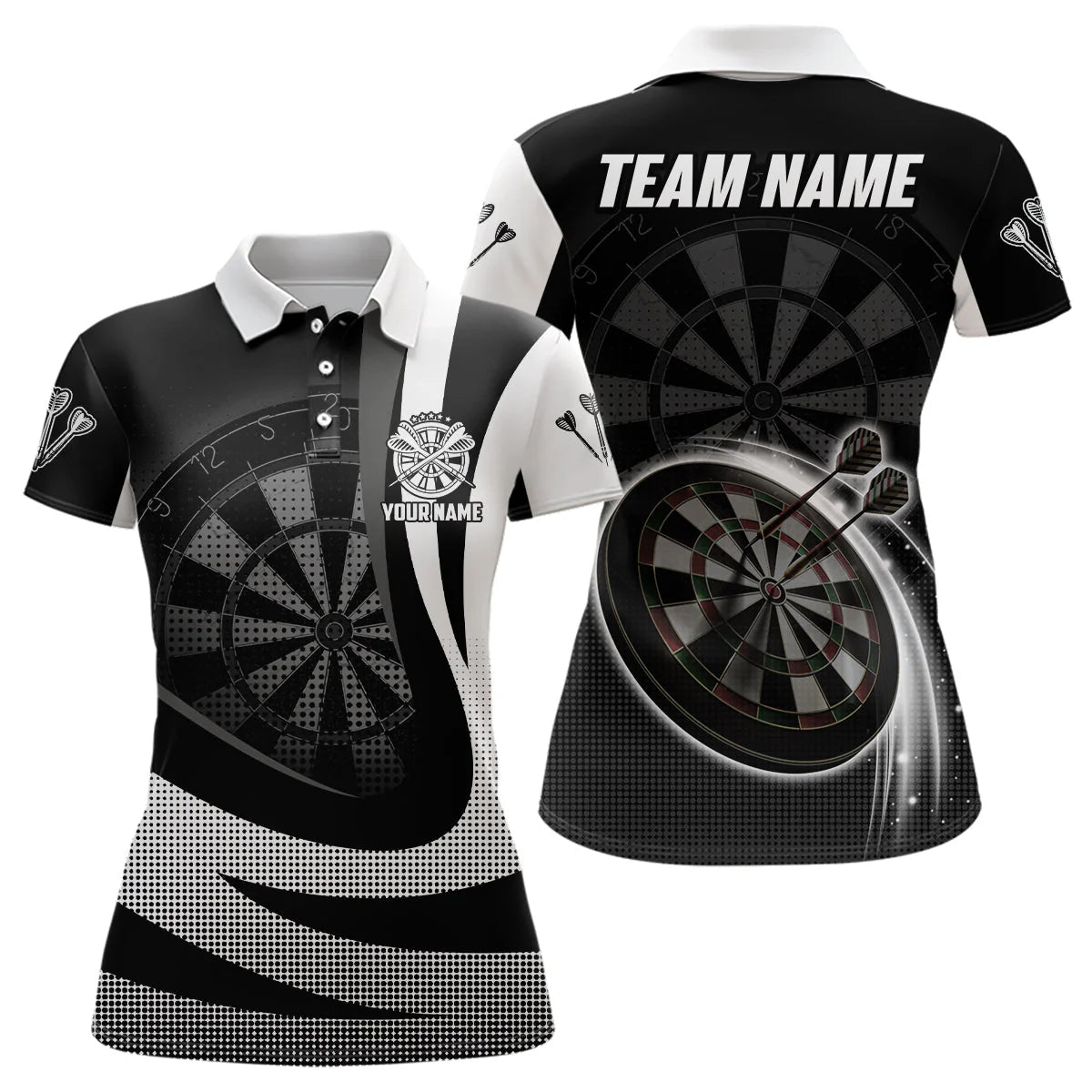 Black and White 3D Women's Darts Polo Shirt - Personalized Cool Dart Team Jersey for Ladies x189 grey