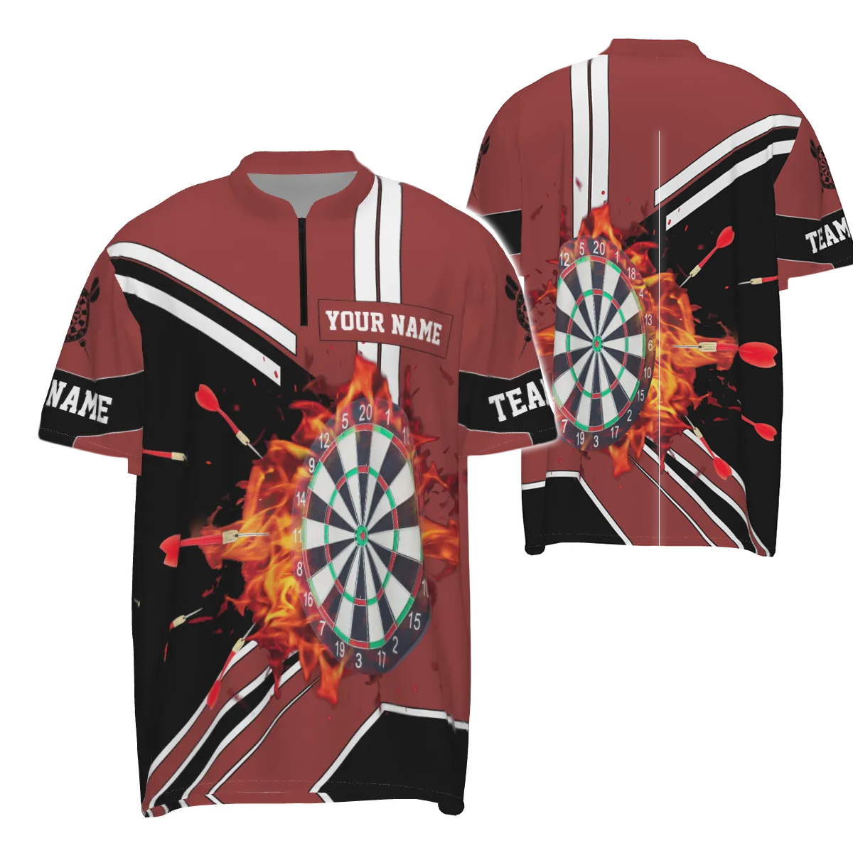 Schwarzes Rot Flammen Dartboard-shirt met 1/4 rits voor heren - Stijlvol Fire Darts Jersey L246