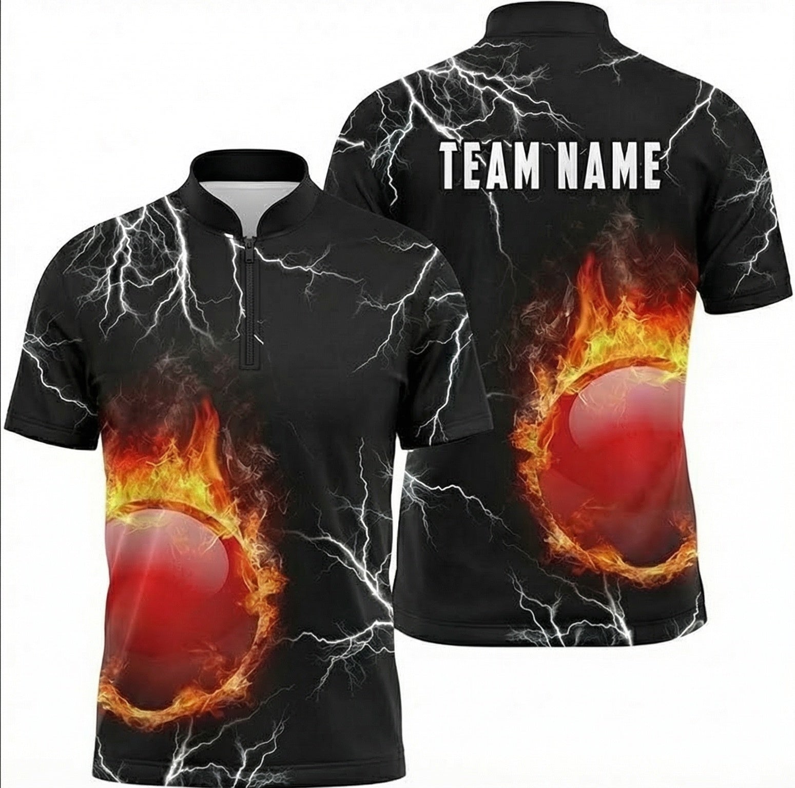 Personalised Fire Lightning Snooker Jersey for Men Custom Polo and Zipper Shirt Black Red L6113 - Zipper Women (Slim fit)