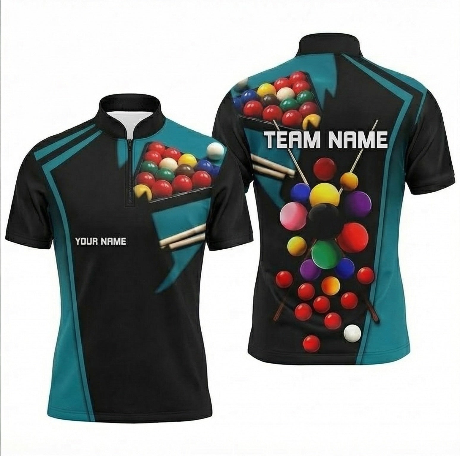 Personalised Snooker Jersey Polo and Zipper Teal Black Snooker Ball Design For Men G1211 - Zipper Women (Slim fit)
