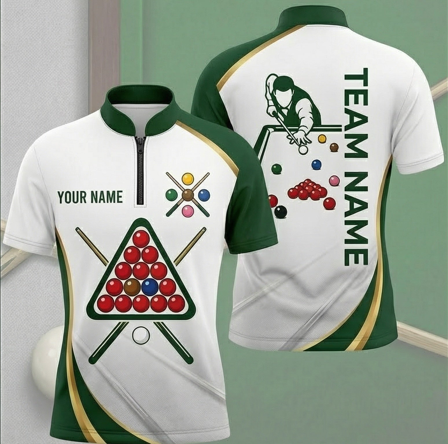 Personalised Snooker Jersey Polo and Zipper Green White Gold For Men Custom Snooker Shirt G2431 - Zipper Women (Slim fit)