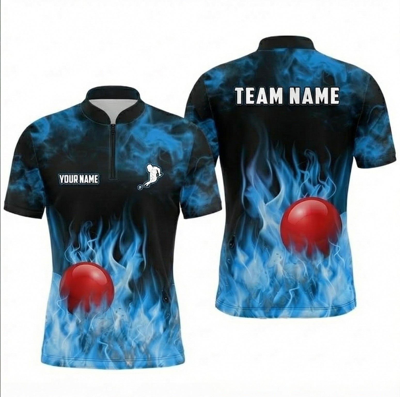 Personalised Blue Fire Flame Snooker Jersey Polo and Zipper Blue Black For Men T8415 - Zipper Women (Slim fit)