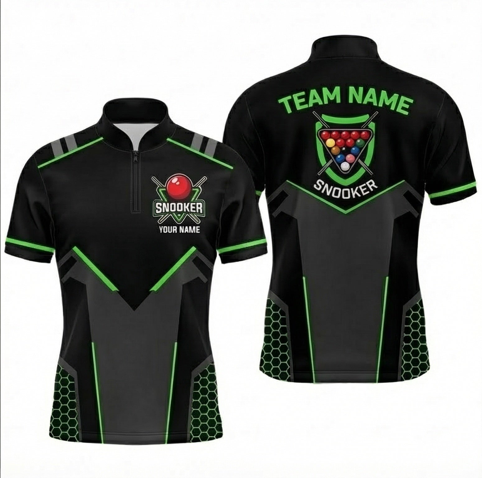 Personalised Honeycomb Snooker Jersey Polo and Zipper Black Neon Green For Men P7808 - Zipper Women (Slim fit)