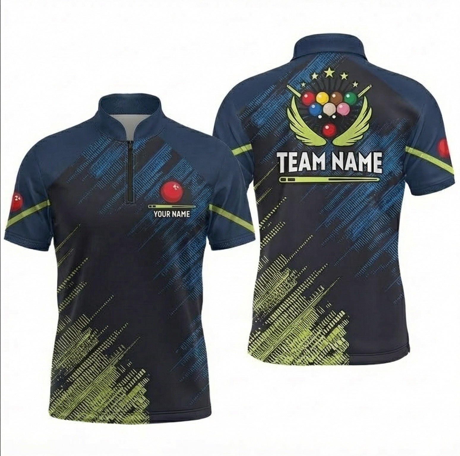 Personalised Abstract Snooker Jersey Polo and Zipper Custom Shirt Navy Blue Lime Green For Men B0829 - Zipper Women (Slim fit)
