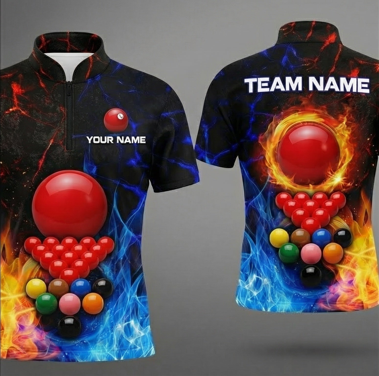 Personalised Fire and Ice Snooker Polo Shirt Custom Team Jersey for Men Black Red Blue B1848 - Zipper Women (Slim fit)