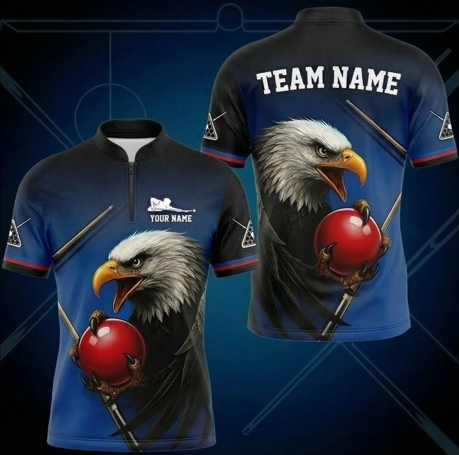 Personalised Bald Eagle Snooker Jersey Polo and Zipper for Men Custom Pool Shirt Navy Blue Black W9317 - Zipper Women (Slim fit)