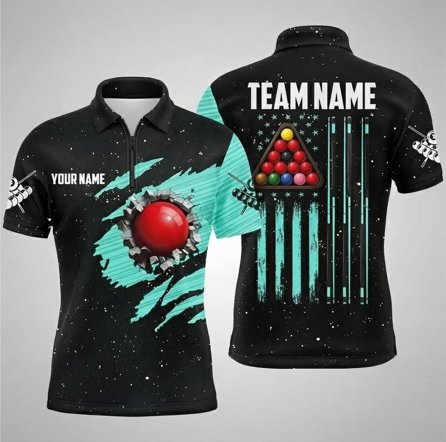 Personalised Snooker Jersey for Men Custom 3D Red Ball and Flag Graphic Polo and Zipper Shirt Black Teal L5361 - Zipper Women (Slim fit)