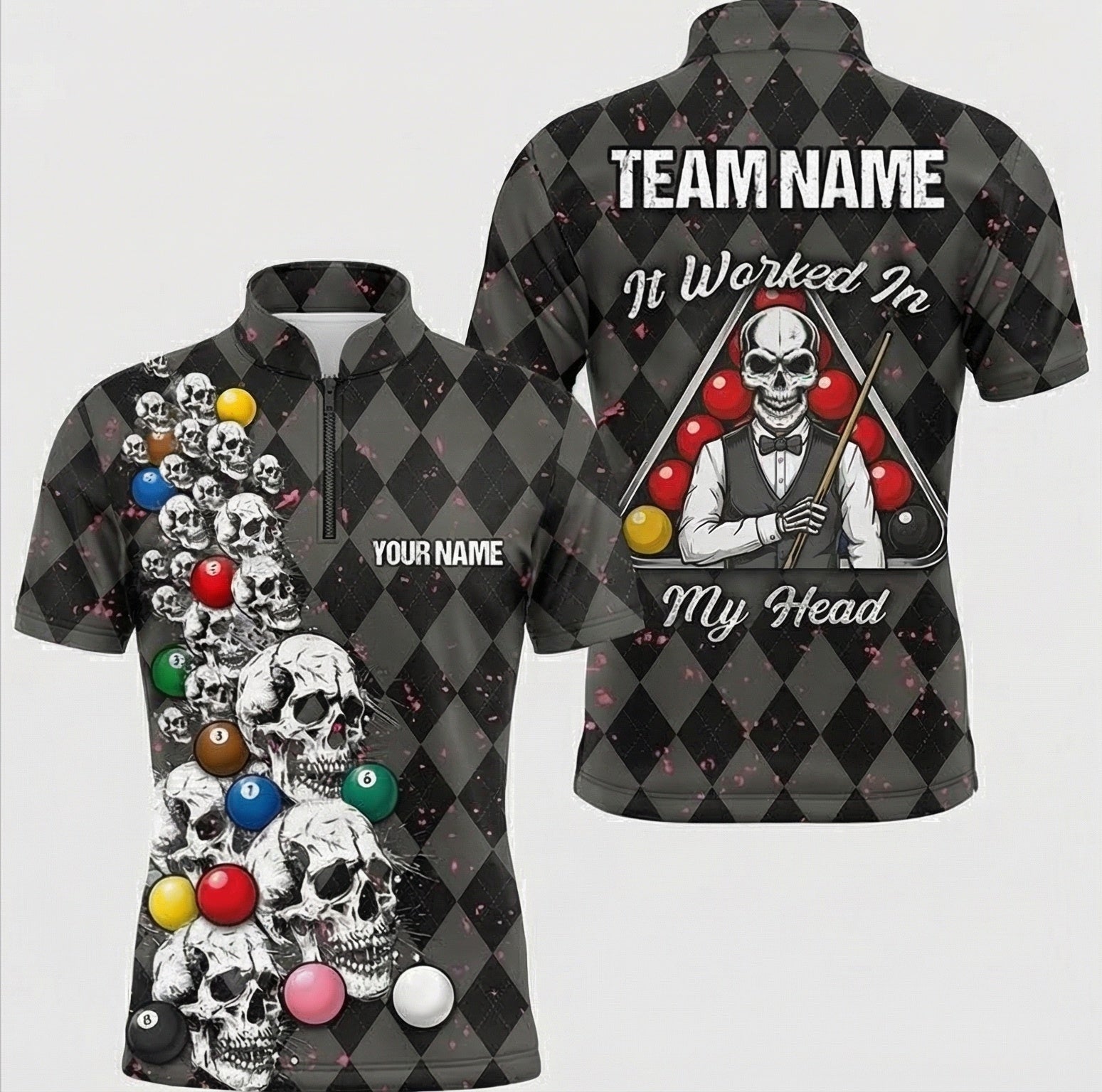 Personalised Skull Snooker Jersey Custom Polo and Zipper Black Grey For Men X7355 - Zipper Women (Slim fit)