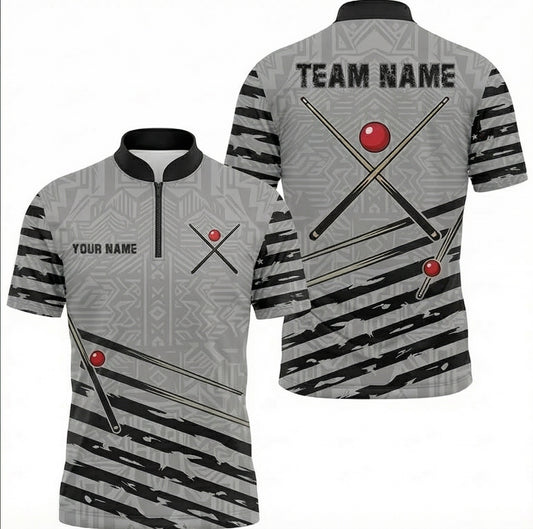 Personalised Tribal Geometric Snooker Jersey Polo and Zipper Grey Black For Men Custom Name Team Pool Shirt I8410 - Zipper Women (Slim fit)