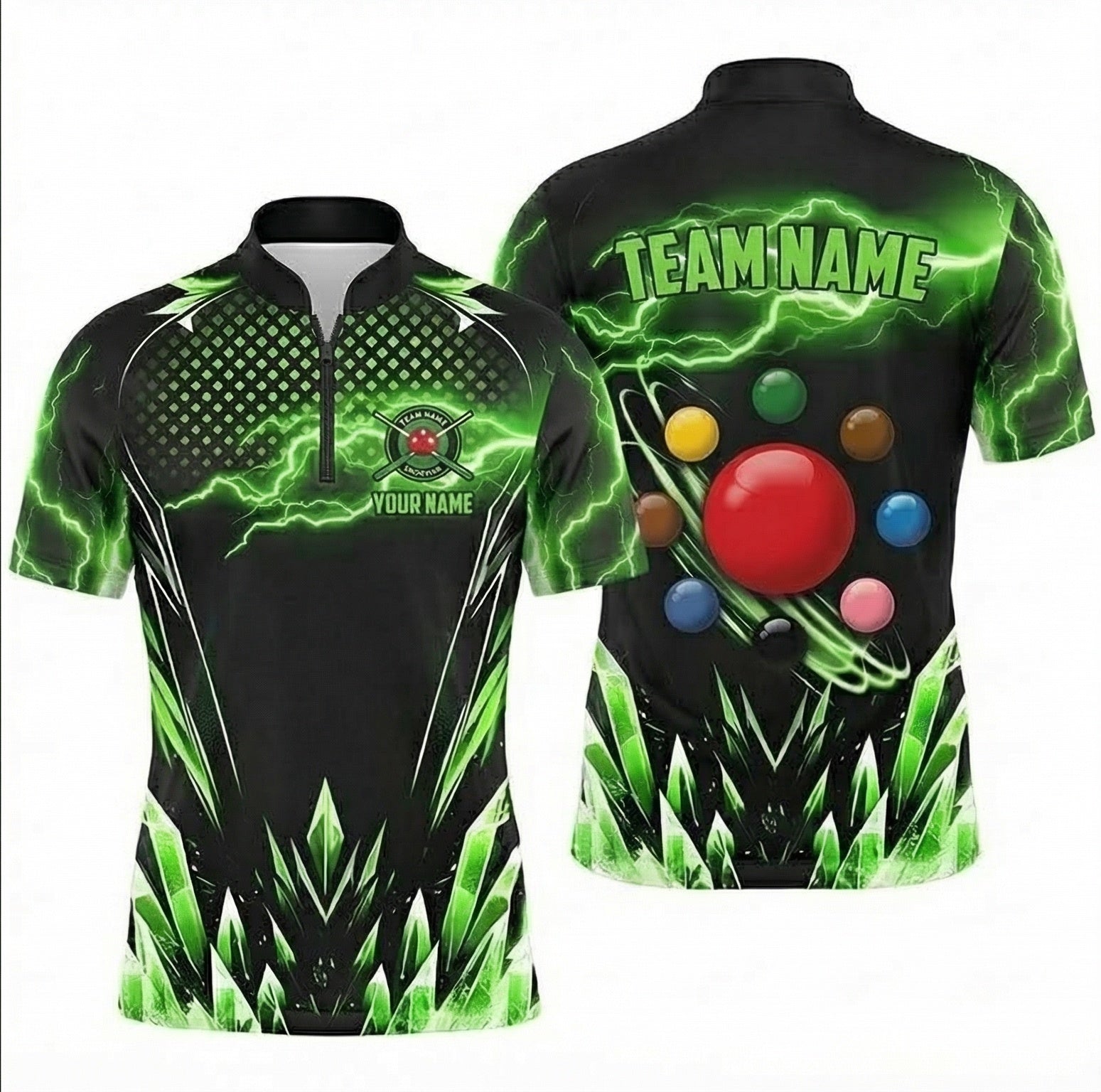 Personalised Green Lightning Snooker Jersey Polo and Zipper Black Green For Men K6741 - Zipper Women (Slim fit)