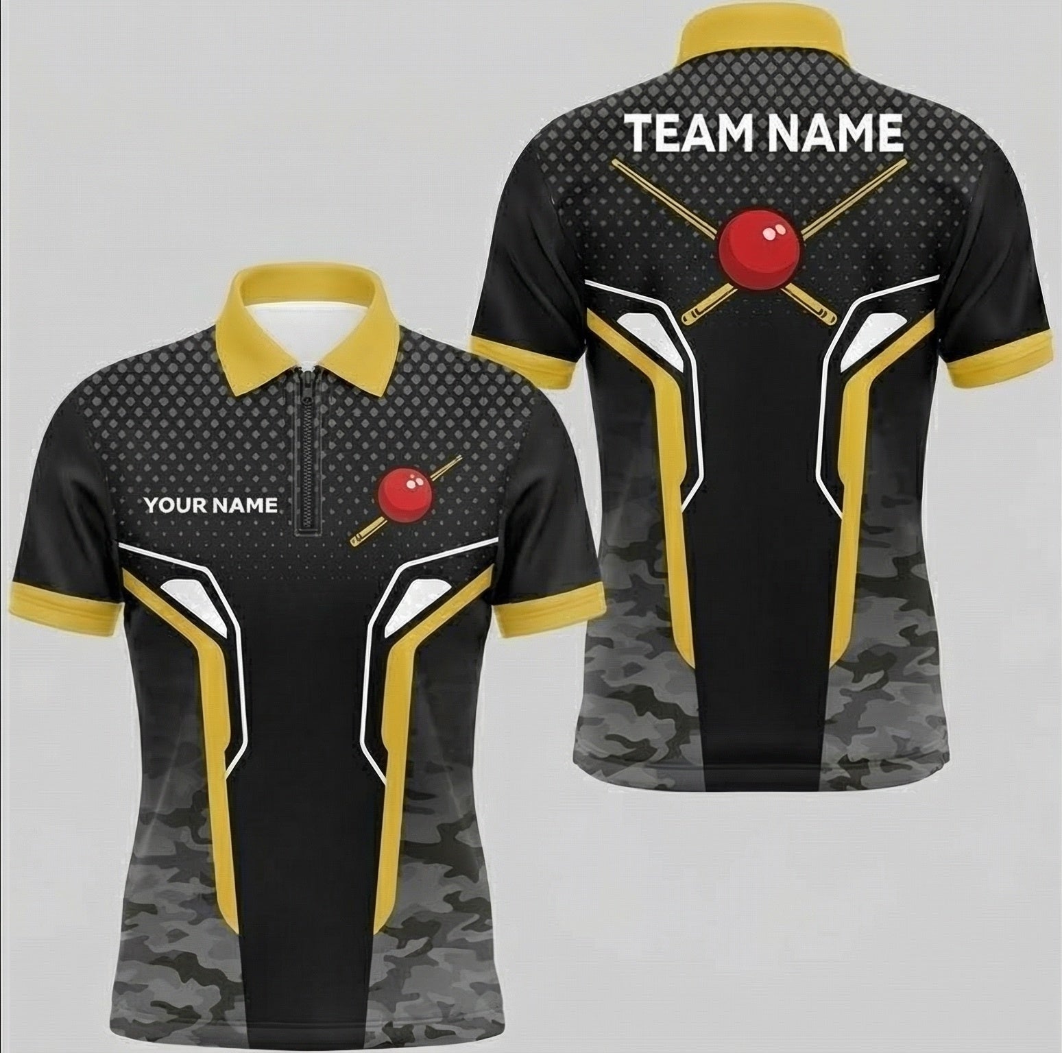 Personalised Camouflage Snooker Jersey Polo and Zipper Black Yellow For Men C1091 - Zipper Women (Slim fit)