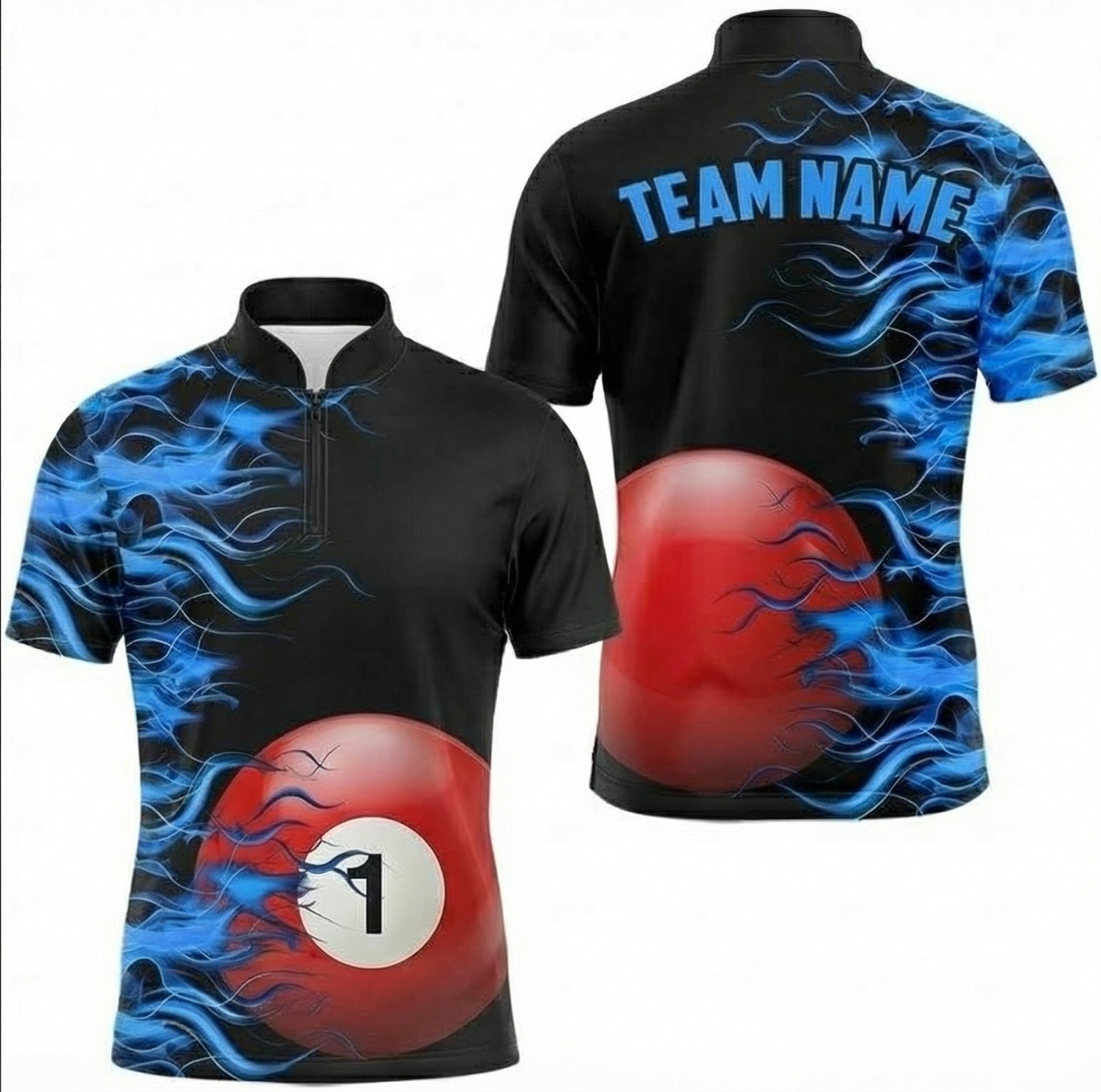 Personalised Blue Fire Flame Snooker Jersey Polo and Zipper for Men Custom Pool Shirt Black Red Ball U2386 - Zipper Women (Slim fit)