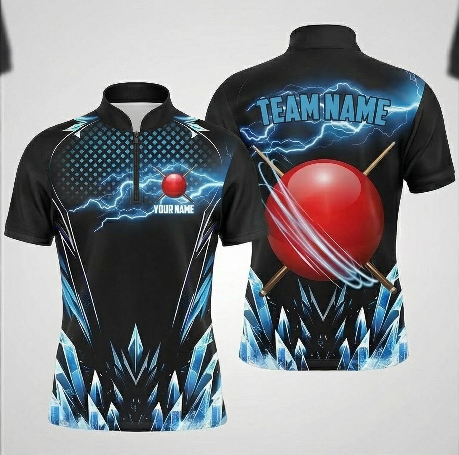 Personalised Blue Lightning and Ice Snooker Jersey Polo and Zipper Black For Men H3538 - Zipper Women (Slim fit)