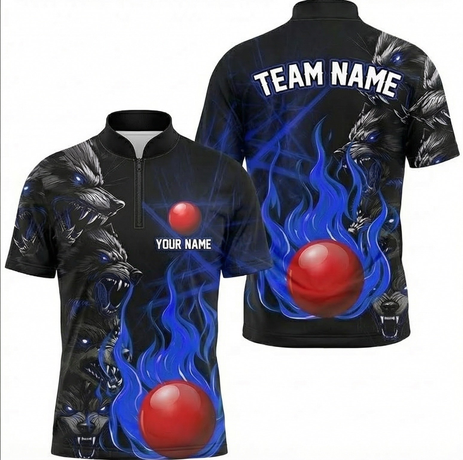 Personalised Wolf Blue Flame Snooker Jersey Polo and Zipper Black Red For Men H0285 - Zipper Women (Slim fit)