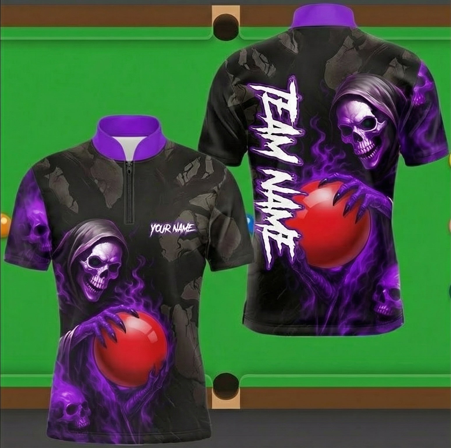 Personalised Grim Reaper Snooker Jersey Polo and Zipper For Men Custom Skeleton Shirt Purple Black O6817 - Zipper Women (Slim fit)