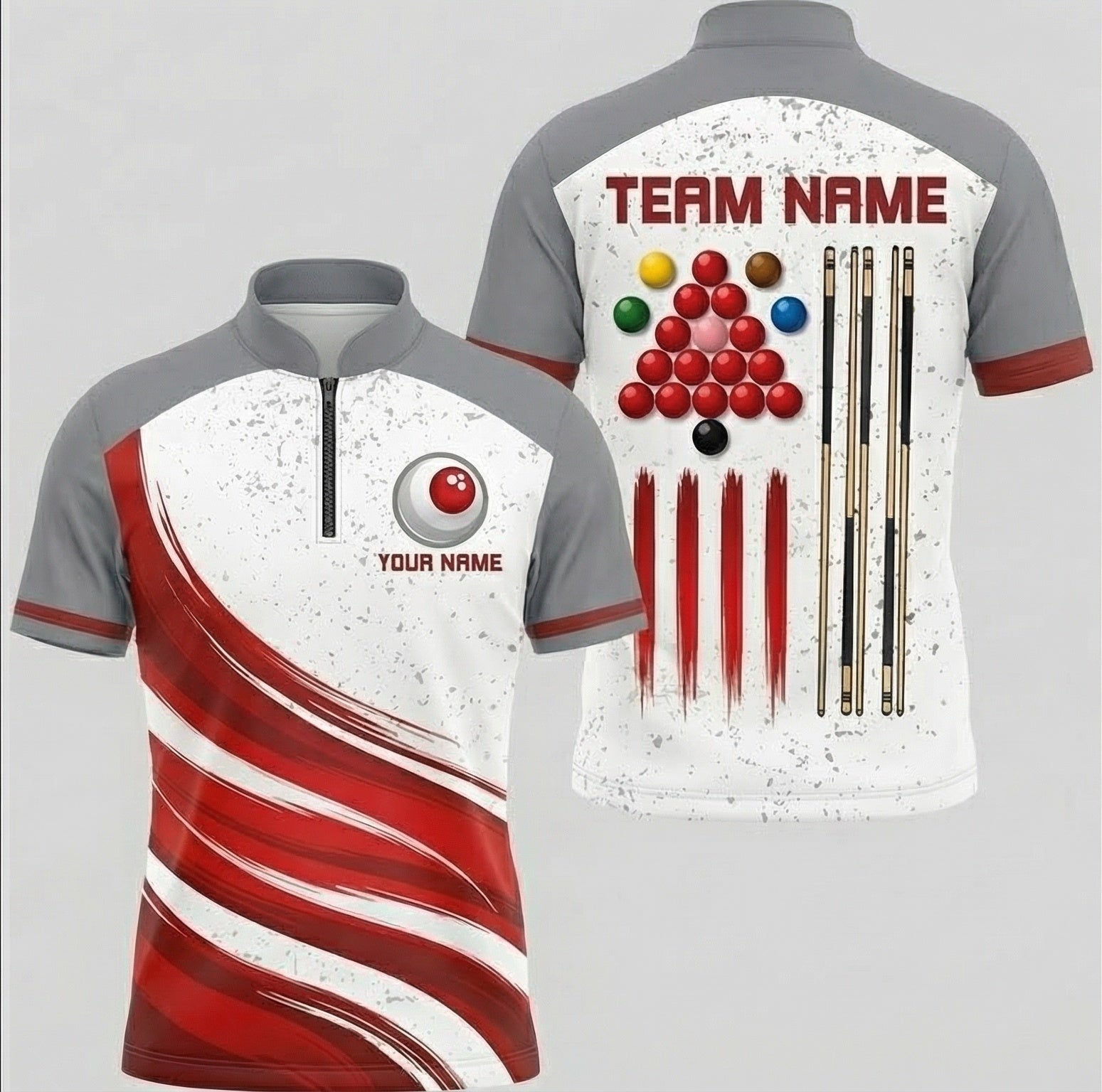 Personalised Snooker Jersey for Men Custom Polo and Zipper Shirt with Ball and Cue Graphics White Red Grey I0026 - Zipper Women (Slim fit)