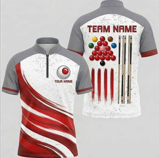 Personalised Snooker Jersey for Men Custom Polo and Zipper Shirt with Ball and Cue Graphics White Red Grey I0026 - Zipper Women (Slim fit)