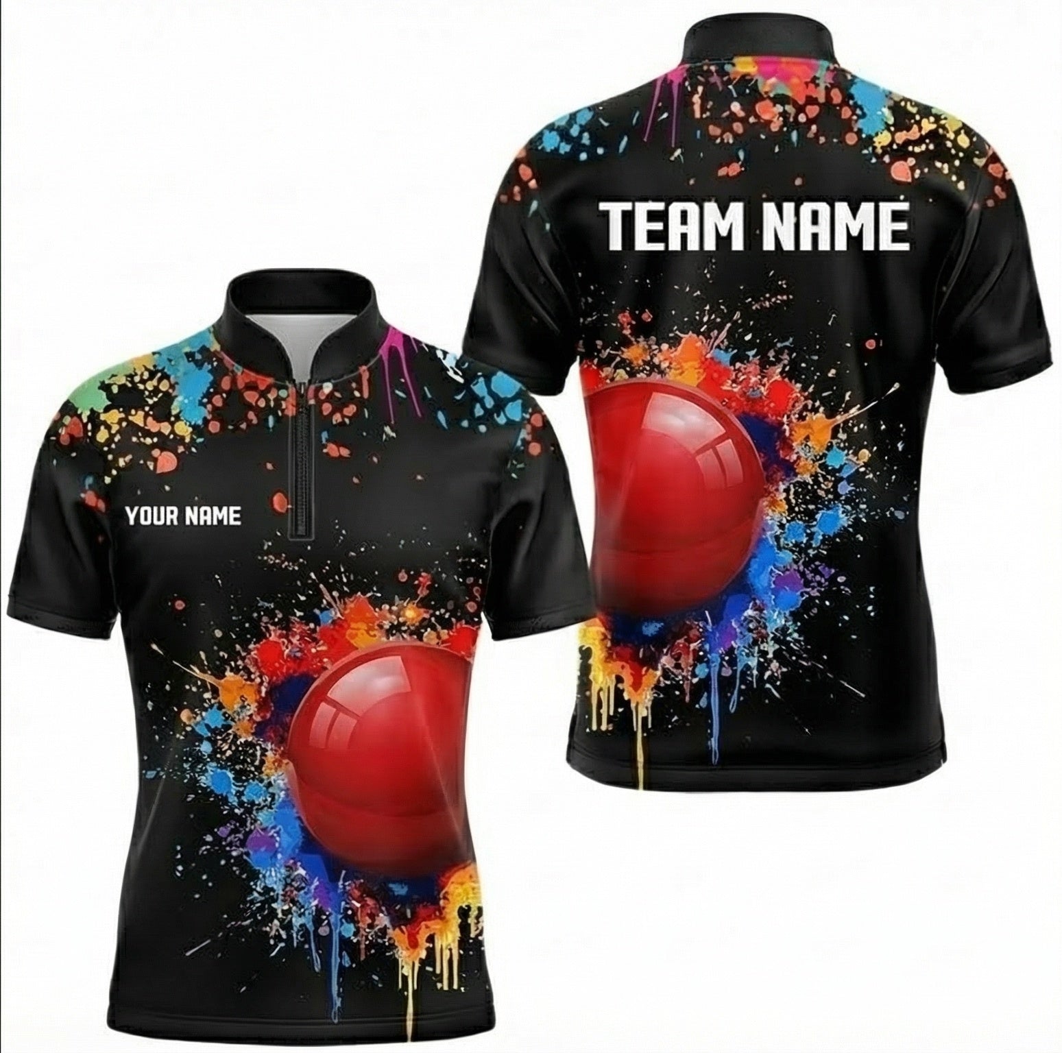 Personalised Paint Splash Snooker Jersey Red Ball Polo and Zipper Shirt Multi-colour Black For Men Z6578 - Zipper Women (Slim fit)