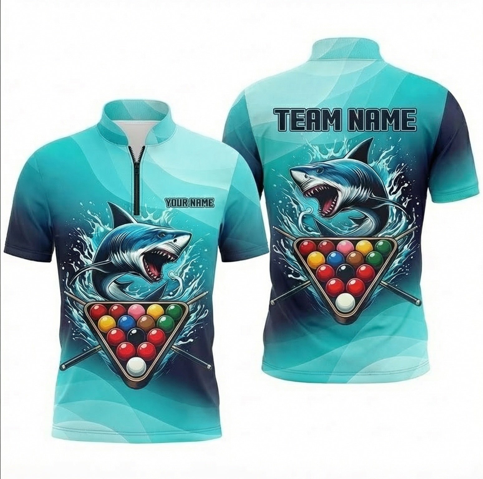 Personalised Shark Attack Snooker Jersey Polo and Zipper Shirt Blue Cyan For Men Z1324 - Zipper Women (Slim fit)