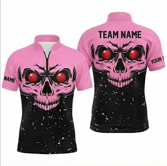 Personalised Red Eyed Skull Snooker Jersey Polo and Zipper Pink Black For Men I4242 - Zipper Women (Slim fit)