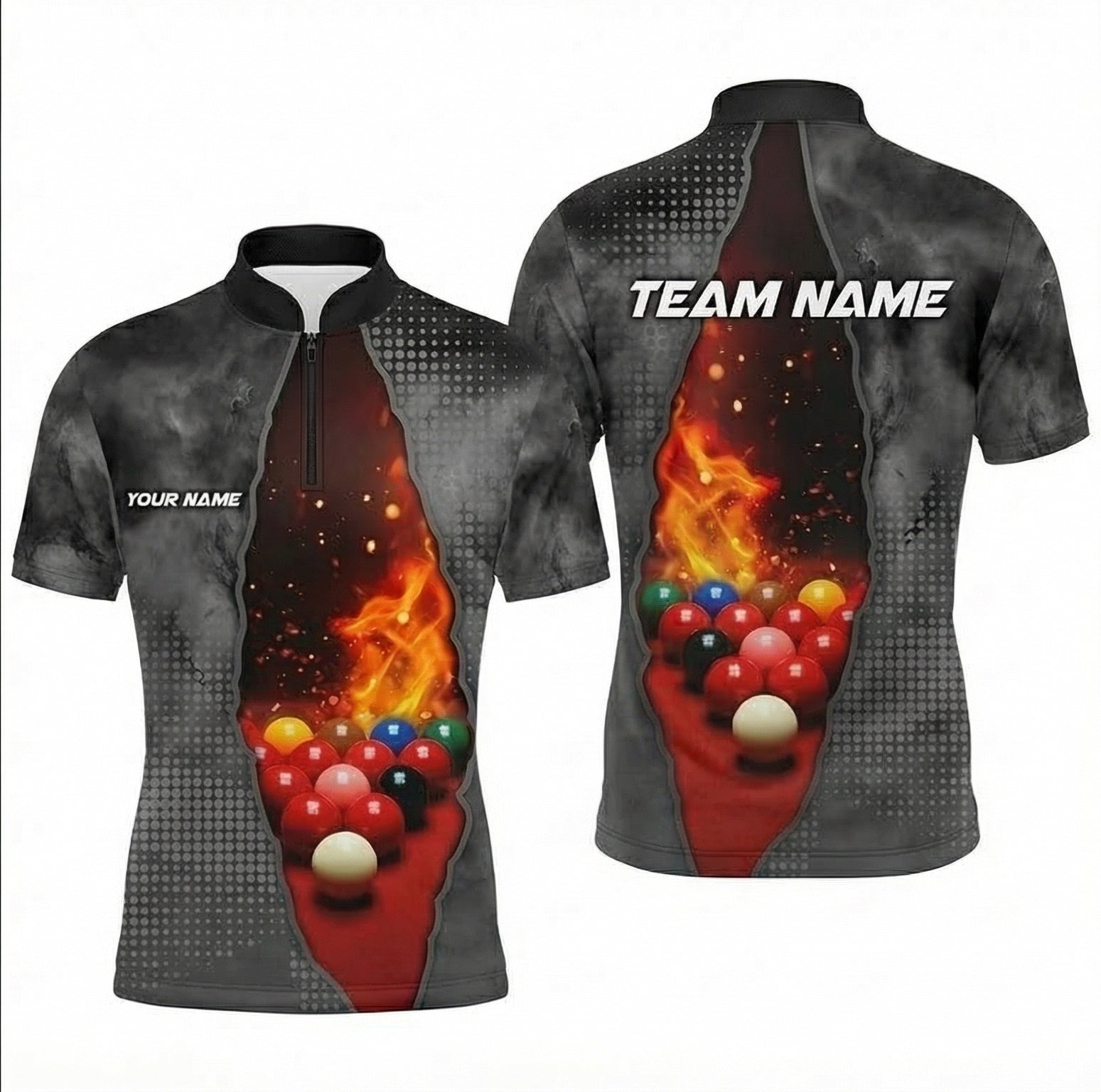 Personalised Fire Flame Snooker Jersey Polo and Zipper Custom Snooker Shirt Black Grey For Men M0446 - Zipper Women (Slim fit)