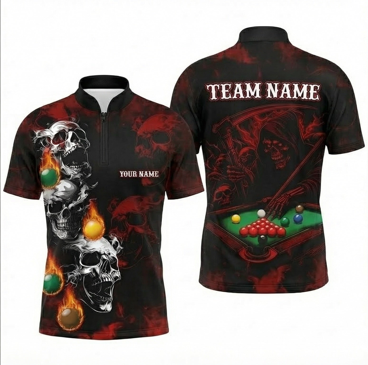 Personalised Grim Reaper Skull Snooker Jersey Polo and Zipper Red Black For Men M4696 - Zipper Women (Slim fit)