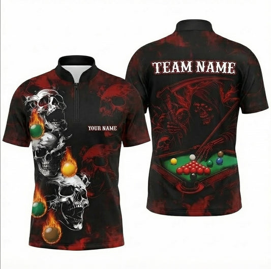Personalised Grim Reaper Skull Snooker Jersey Polo and Zipper Red Black For Men M4696 - Zipper Women (Slim fit)