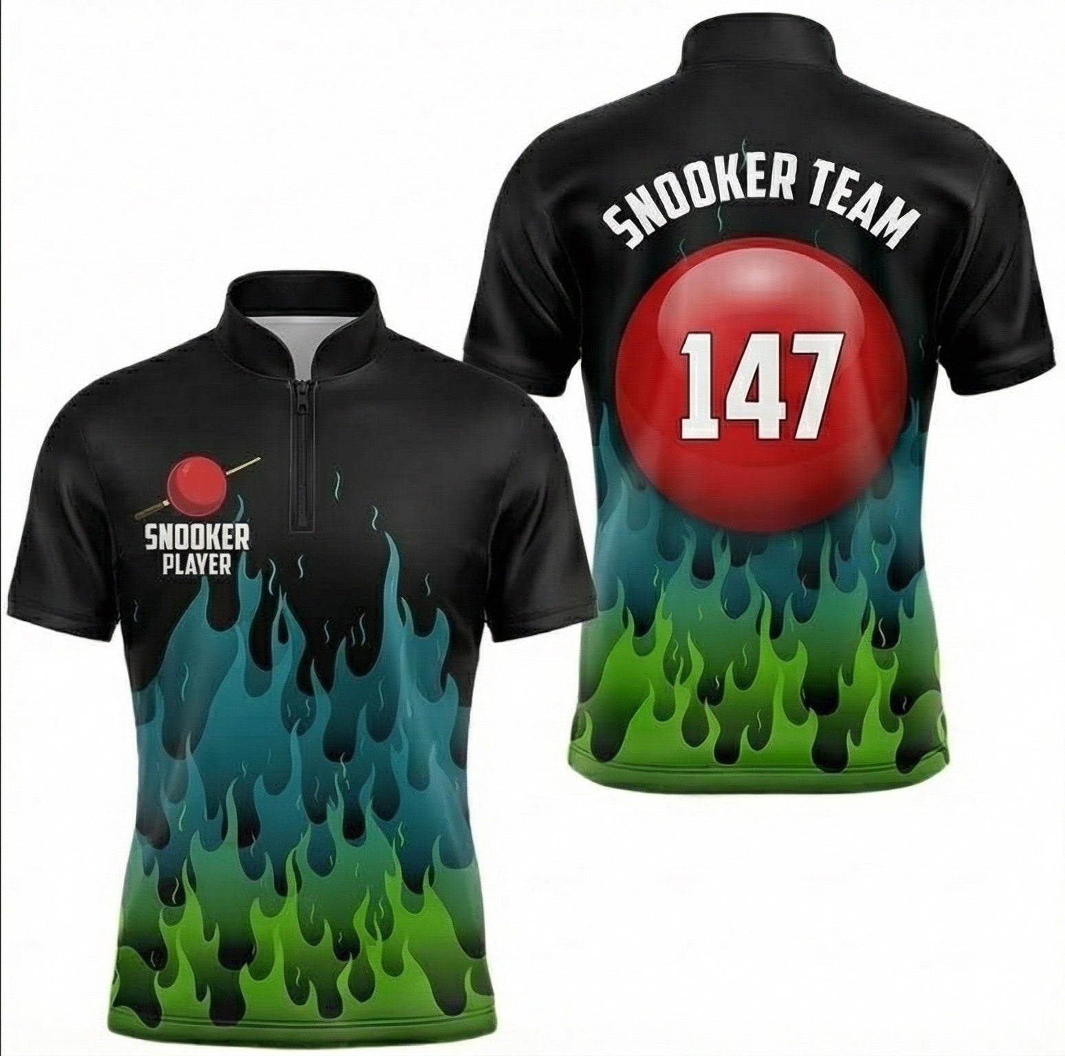 Personalised Green Blue Fire Flame Snooker Jersey Polo and Zipper Black for Men Custom 147 Design T0370 - Zipper Women (Slim fit)