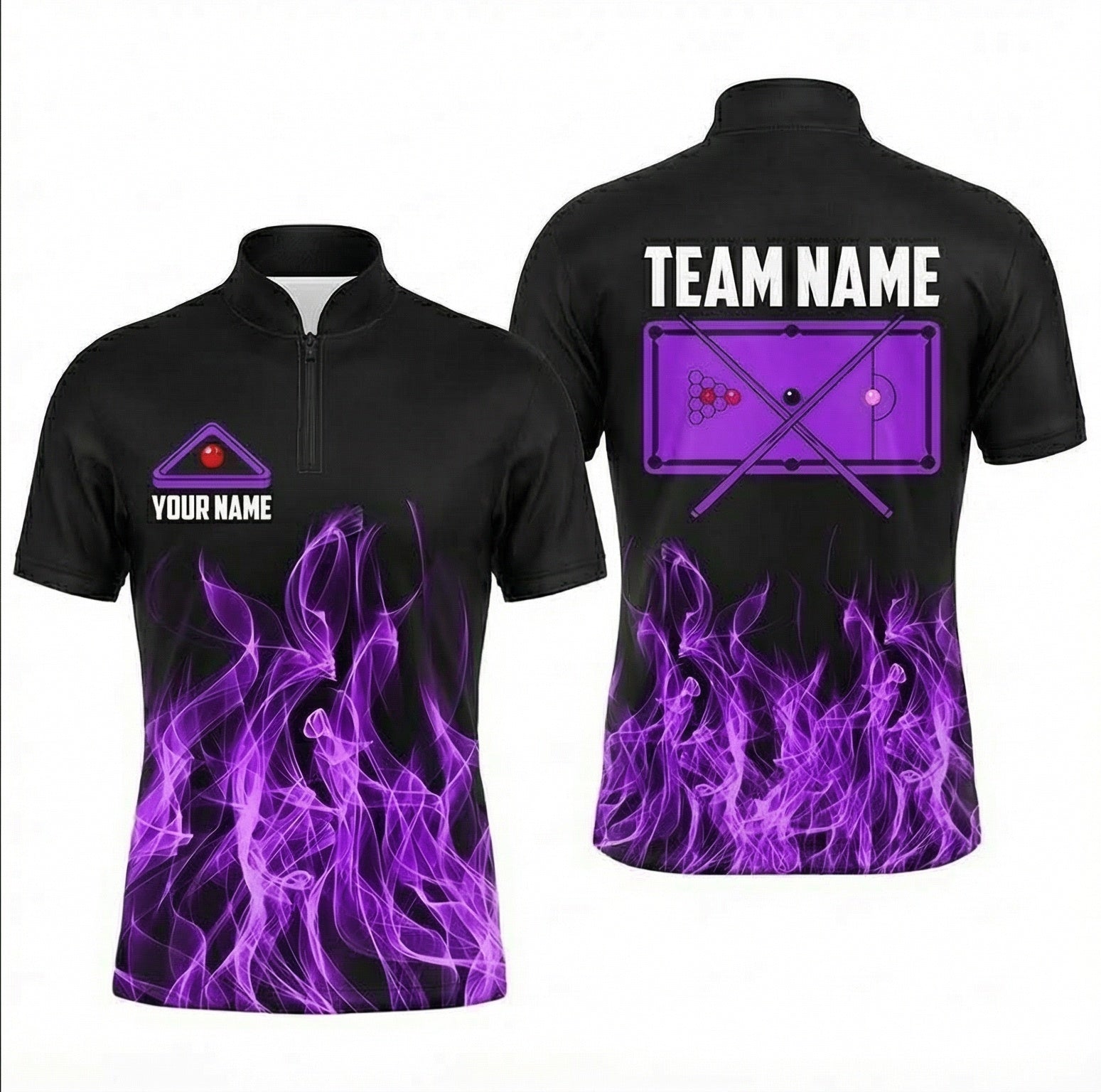 Personalised Purple Fire Flames Snooker Jersey Polo and Zipper For Men Custom Name Black S4664 - Zipper Women (Slim fit)