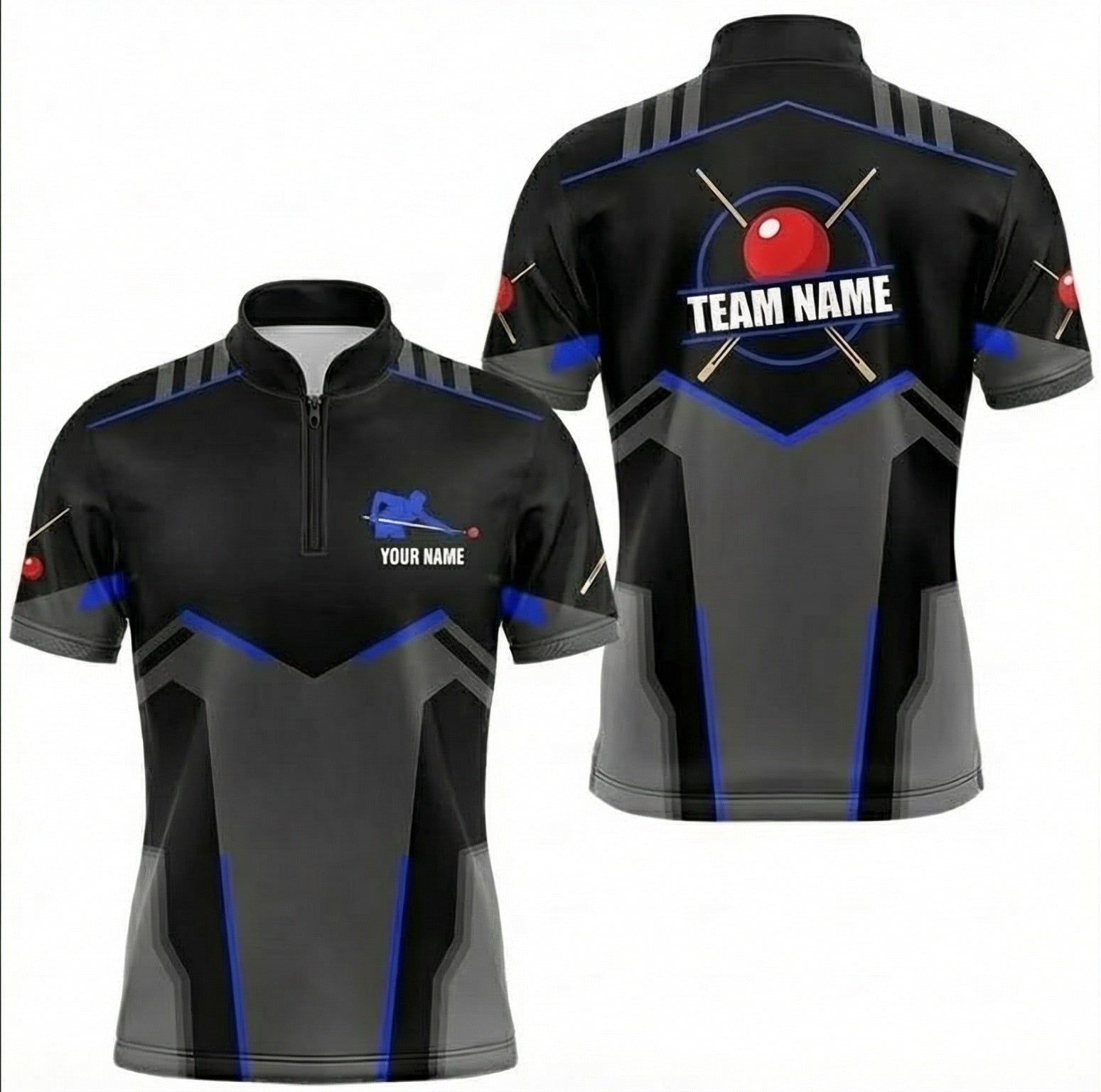 Personalised Geometric Snooker Jersey Polo and Zipper Black Grey Blue For Men R1107 - Zipper Women (Slim fit)
