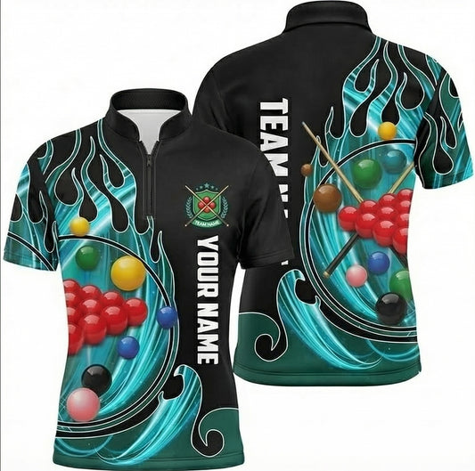 Personalised Teal Flame Snooker Jersey Polo and Zipper for Men Custom Black Turquoise X7913 - Zipper Women (Slim fit)