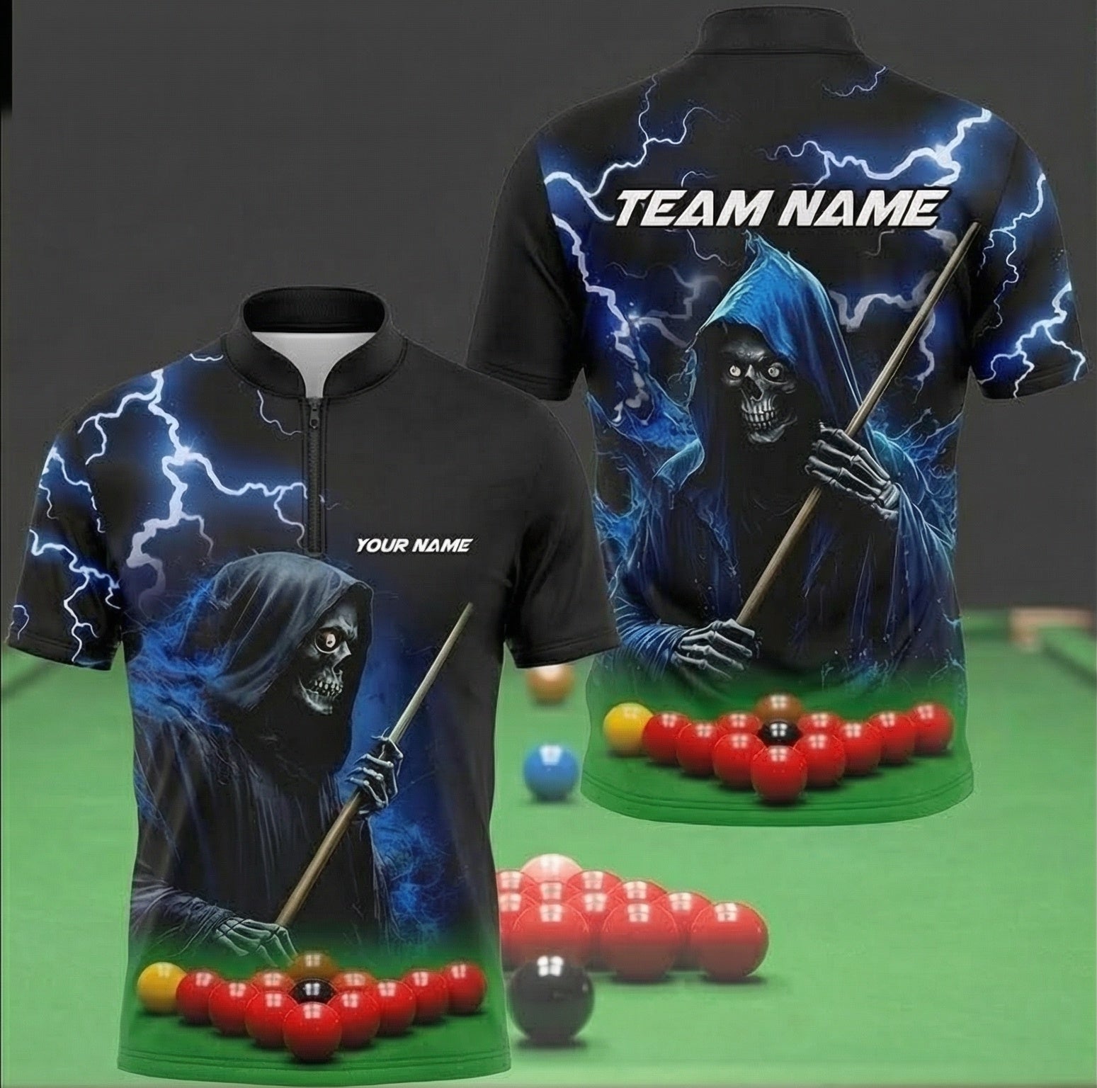 Personalised Grim Reaper Snooker Jersey Polo and Zipper Blue Lightning Black For Men Y7725 - Zipper Women (Slim fit)