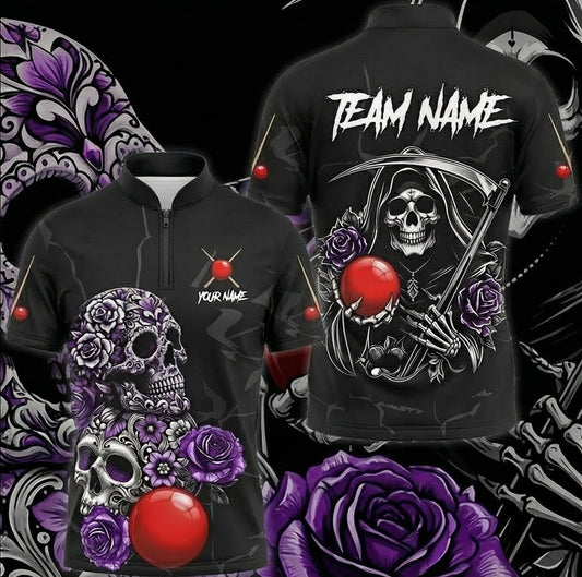 Personalised Grim Reaper Skull Snooker Jersey Polo and Zipper for Men Custom Purple Rose Design Black A5584 - Zipper Women (Slim fit)