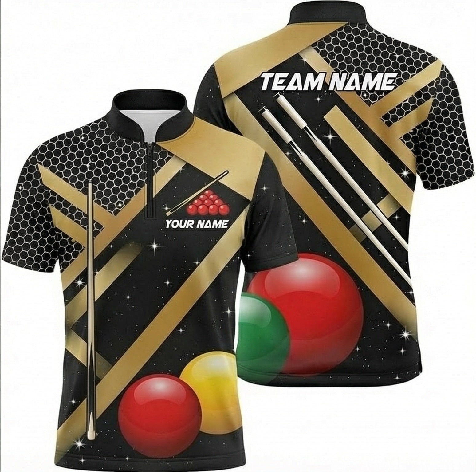 Personalised Snooker Jersey Polo and Zipper for Men Custom Name Black Gold Geometric Honeycomb Design T8490 - Zipper Women (Slim fit)