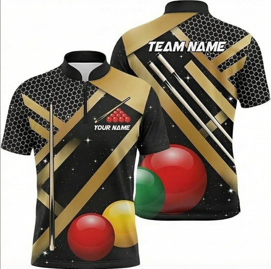 Personalised Snooker Jersey Polo and Zipper for Men Custom Name Black Gold Geometric Honeycomb Design T8490 - Zipper Women (Slim fit)