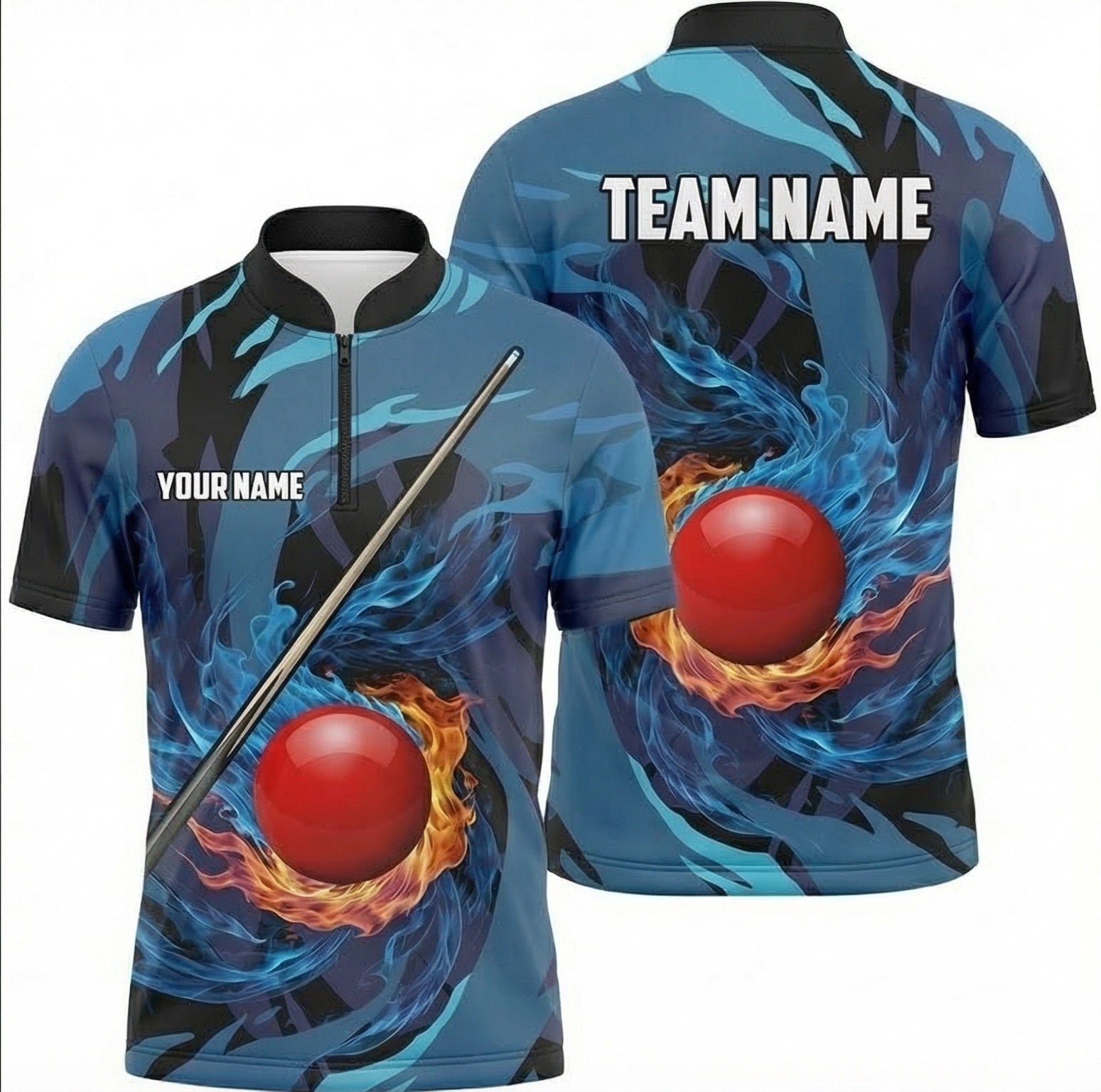 Personalised Blue Fire Flame Snooker Jersey Polo and Zipper Blue Navy For Men X5825 - Zipper Women (Slim fit)
